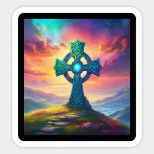 Colorful Ancient Fantasy Celtic Cross set into a grassy hill overlooking mountains. Sticker